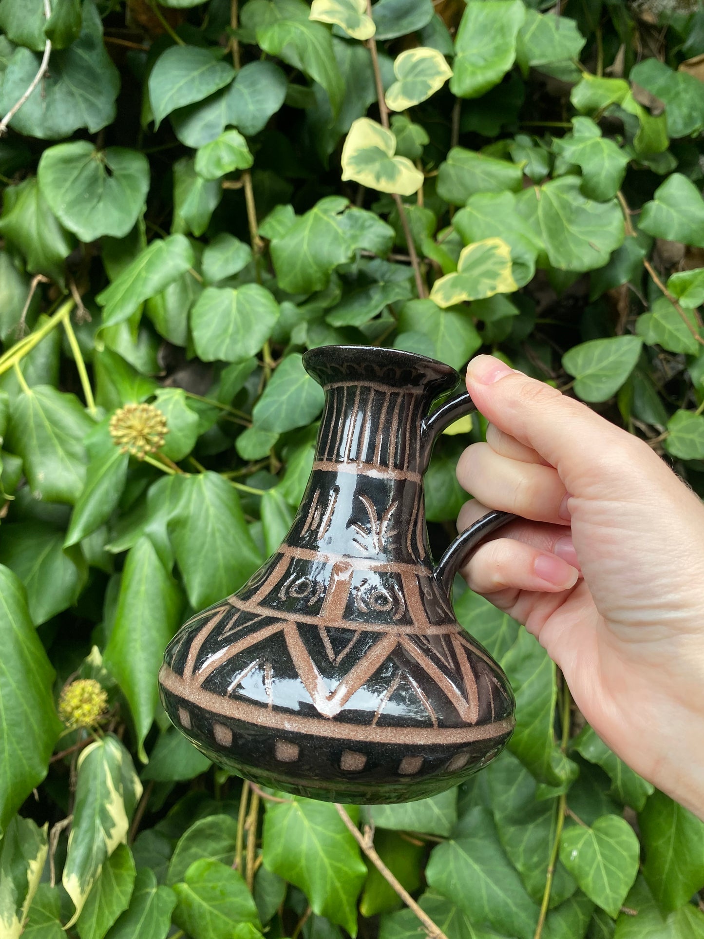 Narrow Neck Sgraffito Vase with Handle