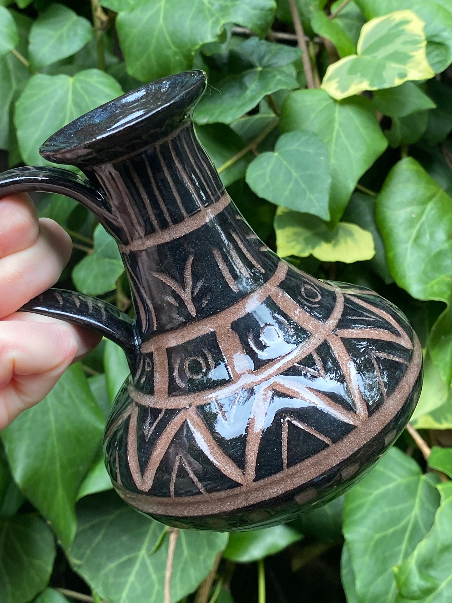 Narrow Neck Sgraffito Vase with Handle